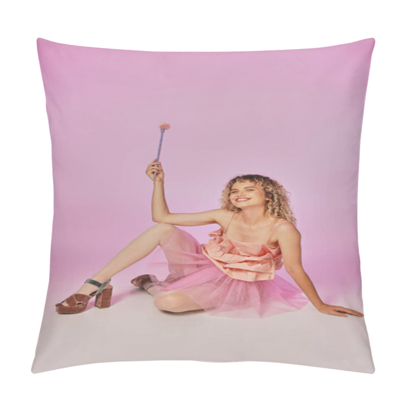 Personality  Cheerful Curly Haired Woman In Pink Tooth Fairy Costume Sitting On Floor And Posing With Magic Wand Pillow Covers