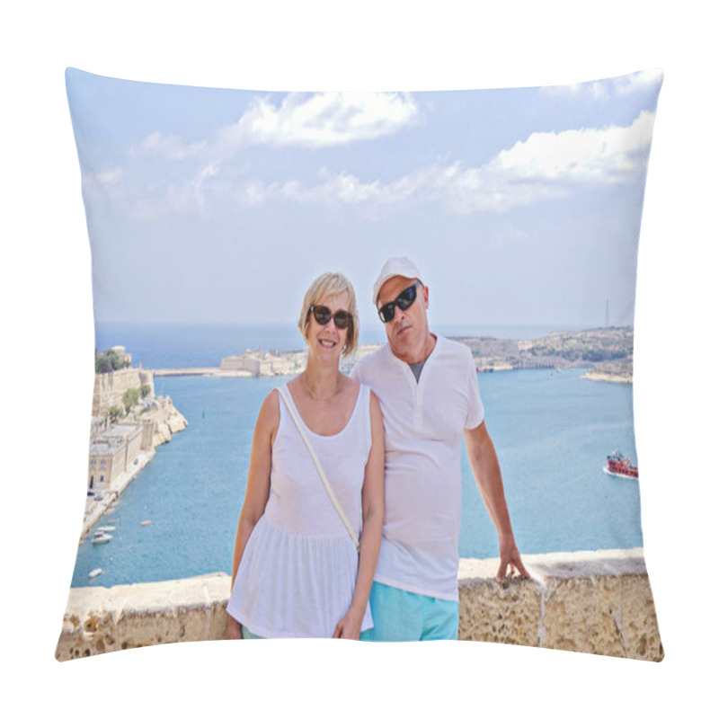 Personality  Middle-aged Couple Of Baby Boomers People Posing For Photograph Opposite Blue Sea In Valletta In Malta On Sunny Summer Day. Travel Boom After End Of Coronavirus Concept Pillow Covers