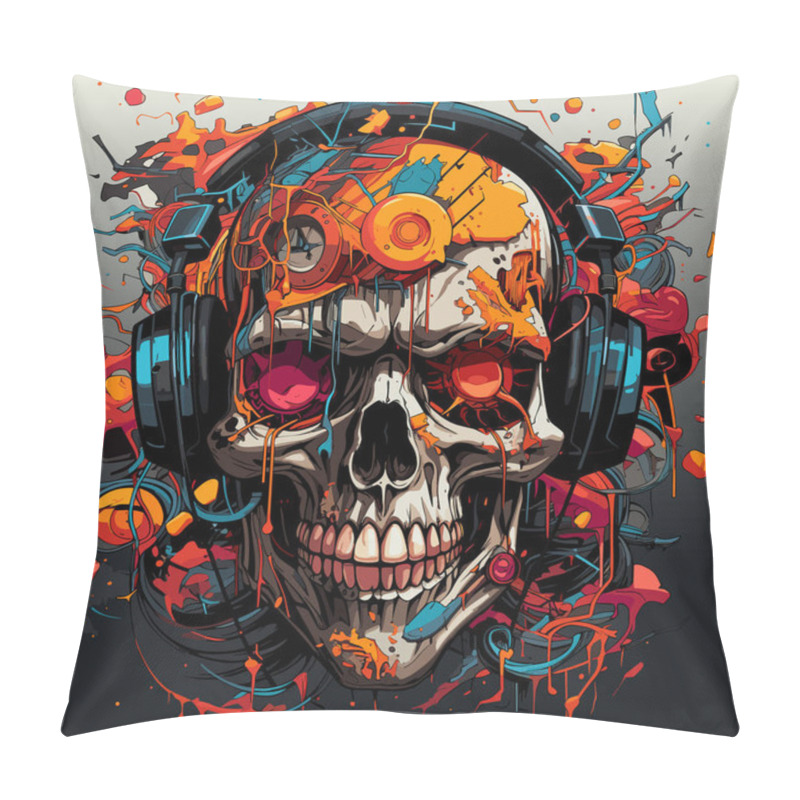 Personality  Skull Wearing Headphones And Headphones With Splash Of Paint On It. Pillow Covers