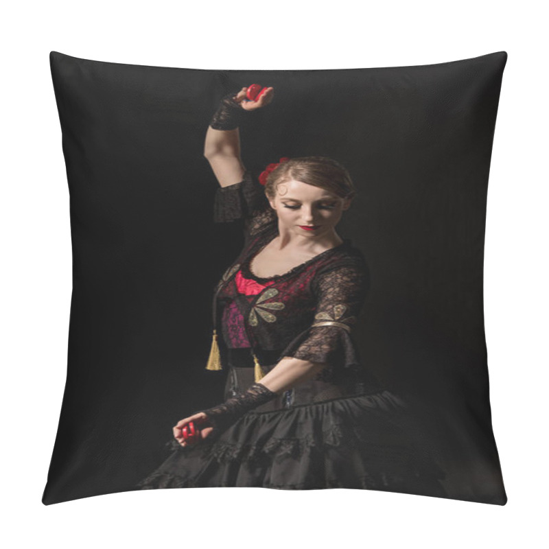 Personality  Young Flamenco Dancer In Dress Holding Castanets While Dancing Isolated On Black Pillow Covers