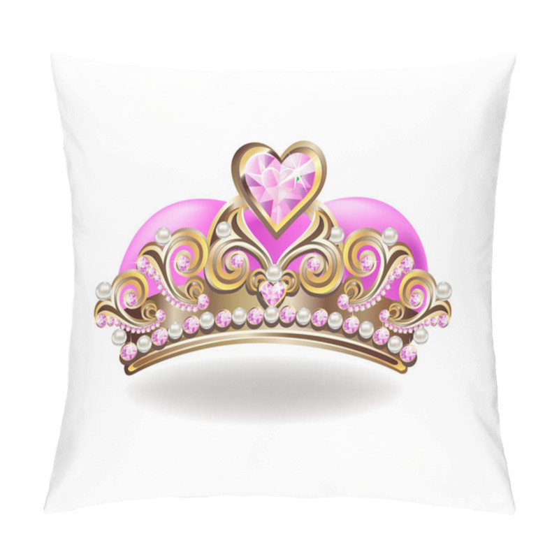 Personality  Beautiful Golden Princess Crown With Pearls And Pink Jewels. Vector Illustration On White Background. Pillow Covers