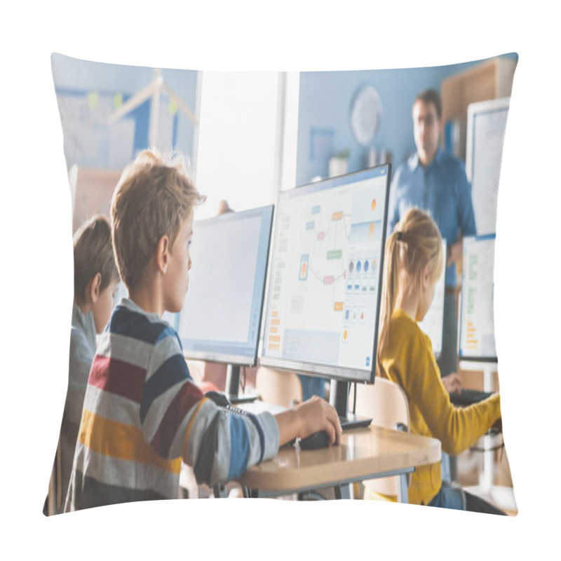 Personality  Elementary School Computer Science Classroom: Smart Little Schoolboy Work On Personal Computers, Learn Programming Language For Software Coding. Schoolchildren Getting Modern Education Pillow Covers