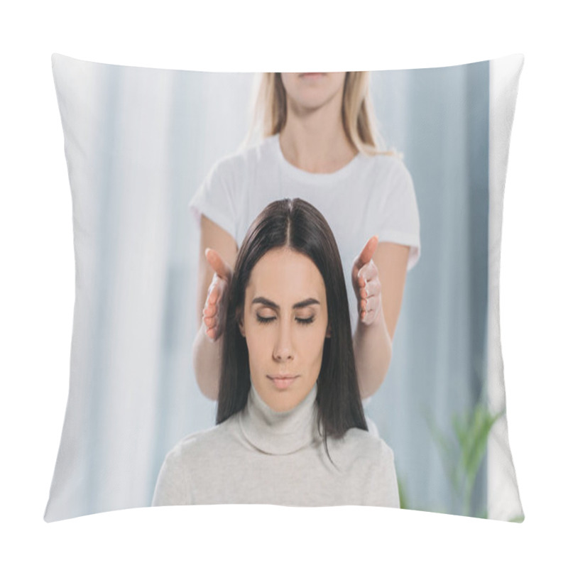 Personality  Cropped Shot Of Peaceful Young Woman With Closed Eyes Sitting And Receiving Reiki Healing Therapy  Pillow Covers