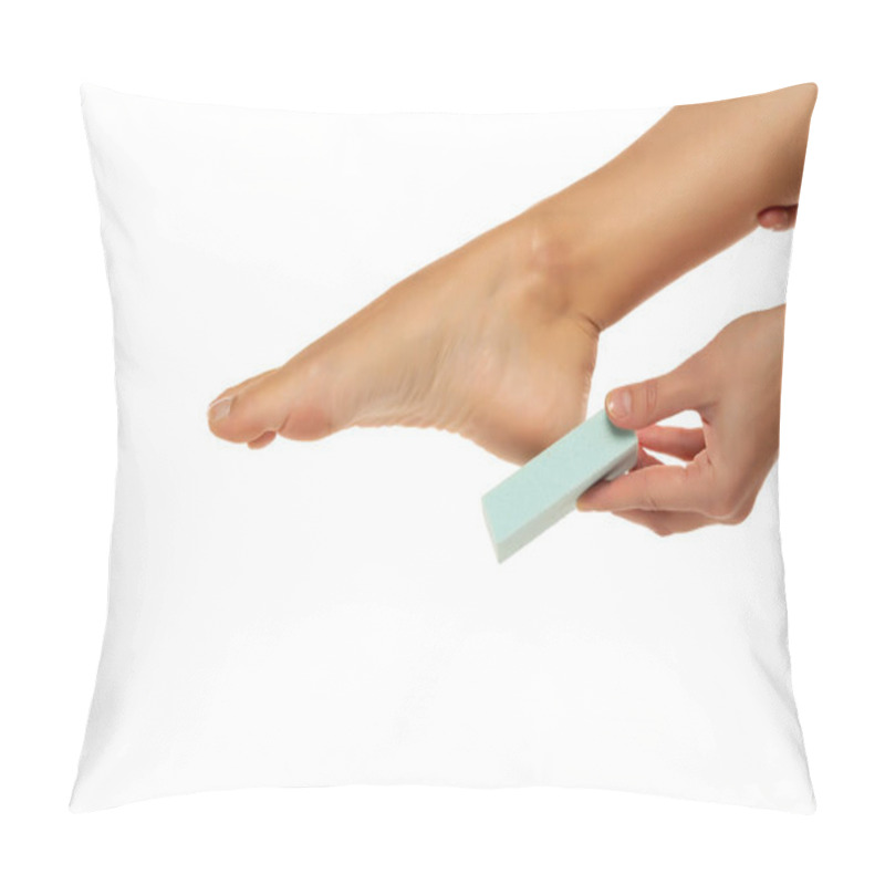 Personality  Woman Scrubing Her Feet With A Pumice Stone On A White Background Pillow Covers