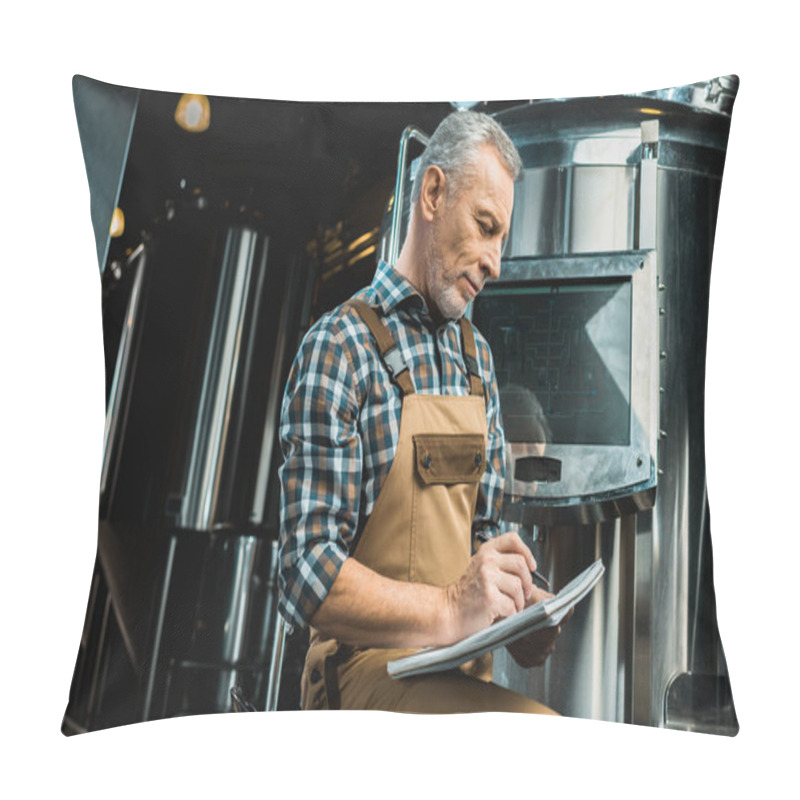 Personality  Professional Brewer In Working Overalls Writing In Notepad While Examining Brewery Equipment Pillow Covers