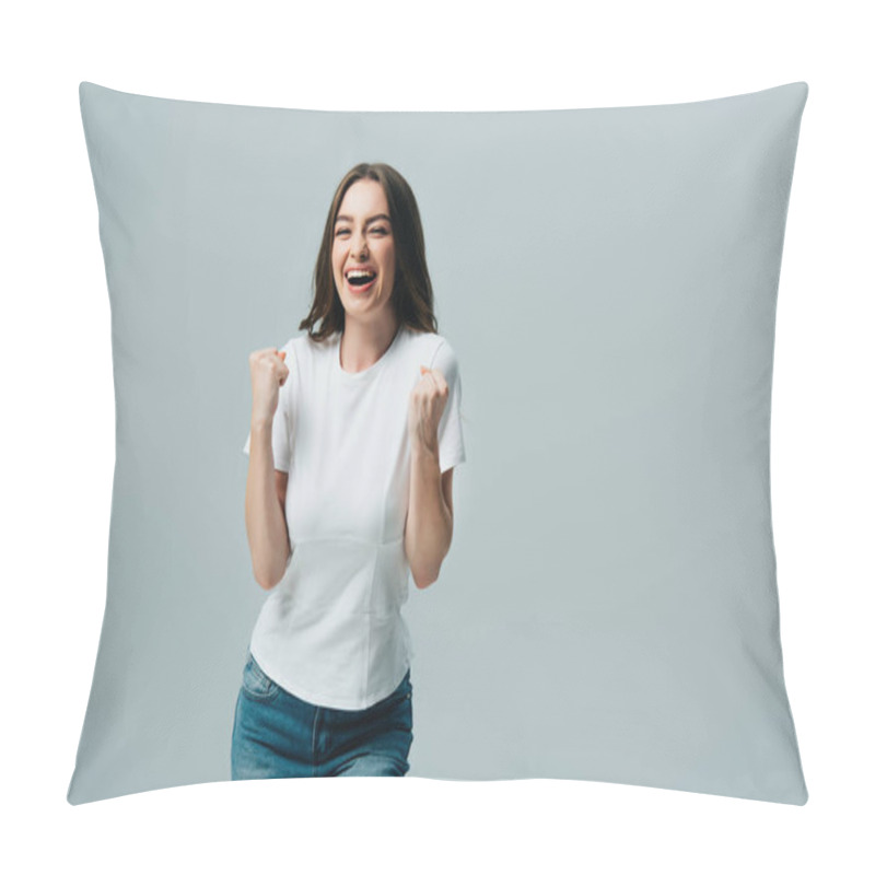 Personality  Excited Happy Beautiful Girl In White T-shirt Showing Yes Gesture Isolated On Grey Pillow Covers