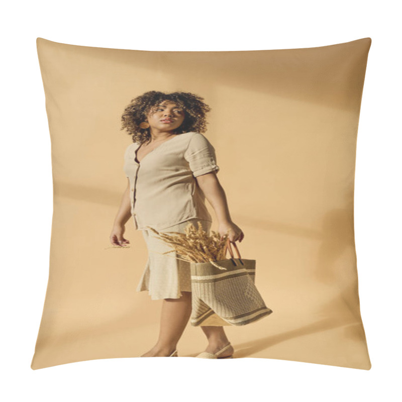 Personality  A Beautiful Young African American Woman In A Summer Dress, Holding A Basket Filled With Golden Wheat. Pillow Covers