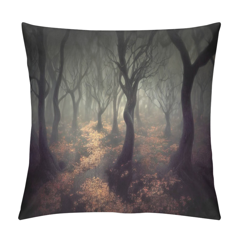 Personality  Crooked Twisted Trees Deep In Mysterious Forest, Dark Creepy Atmosphere. 3D Digital Illustration Pillow Covers