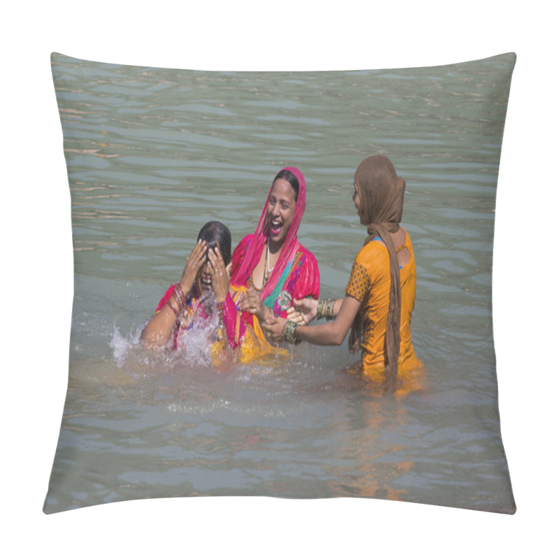 Personality  Indian Woman Wash Themselves In The River Ganges  In The Holy City Of Rishikesh, India. Pillow Covers