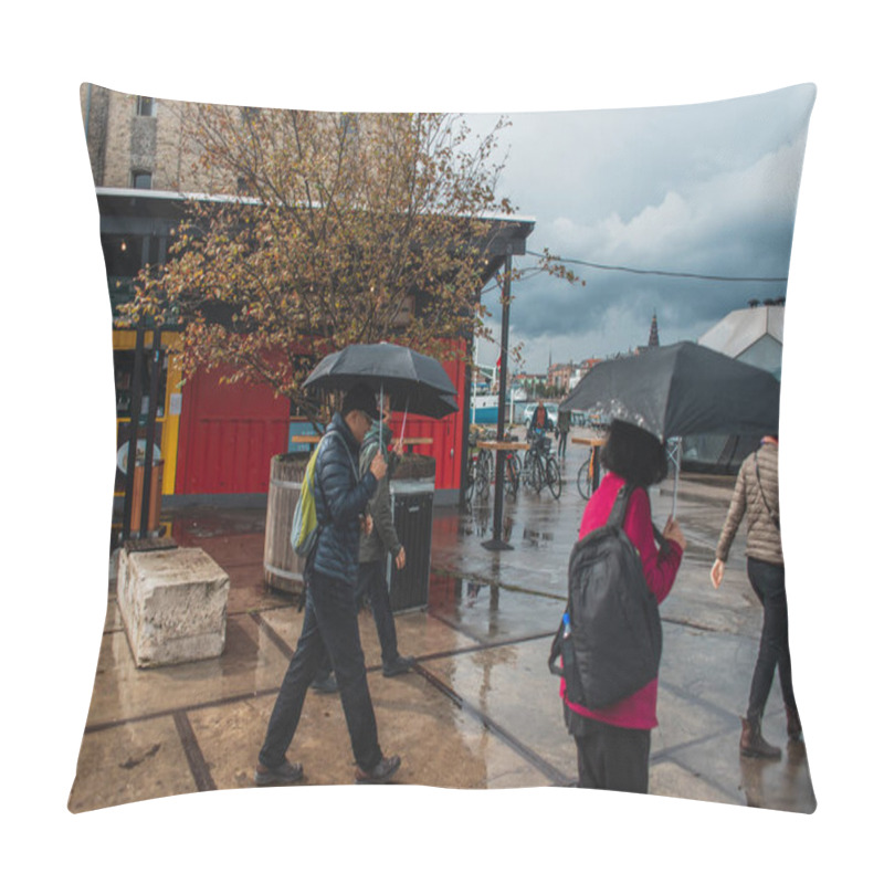 Personality  COPENHAGEN, DENMARK - APRIL 30, 2020: Selective Focus Of People Walking With Umbrellas On Urban Street During Rain  Pillow Covers