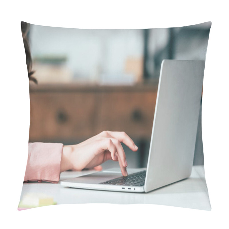 Personality  Cropped View Of Girl In Pink Shirt Typing On Laptop Keyboard Pillow Covers