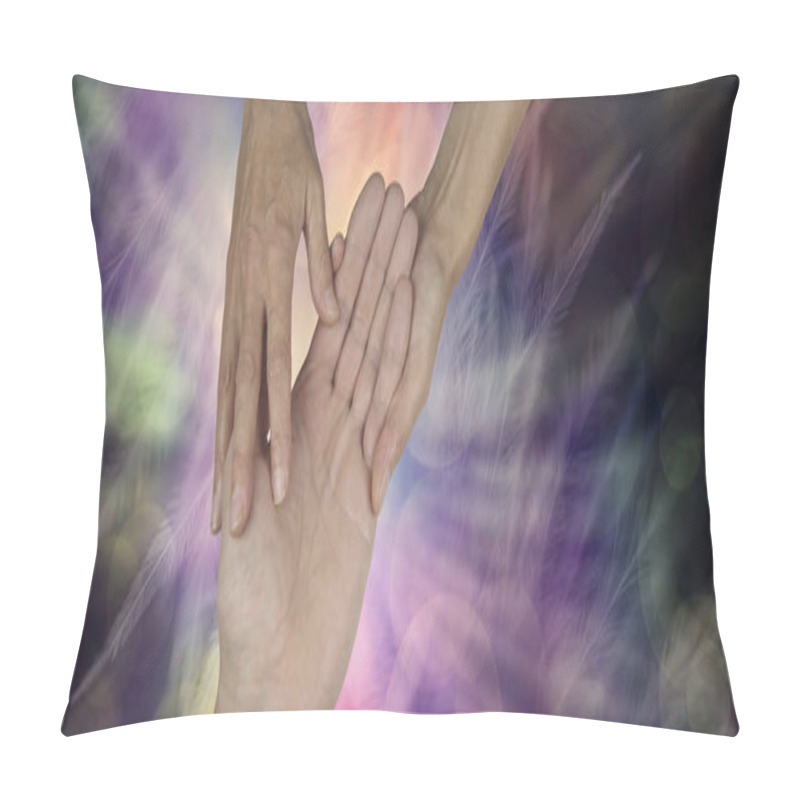 Personality  Palmistry Website Banner - Female Hands Holding And Exploring Male Open Hand Against An Ethereal Feather Effect Multicoloured Background With Copy Space Pillow Covers