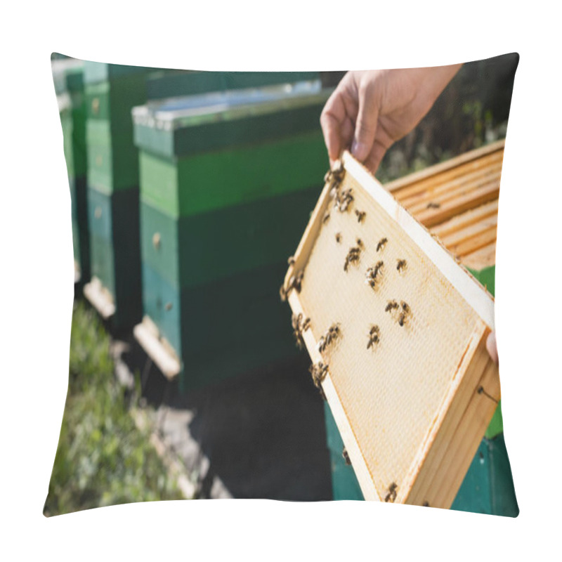 Personality  Cropped View Of Bee Master With Honeycomb Frame Near Blurred Beehives Pillow Covers