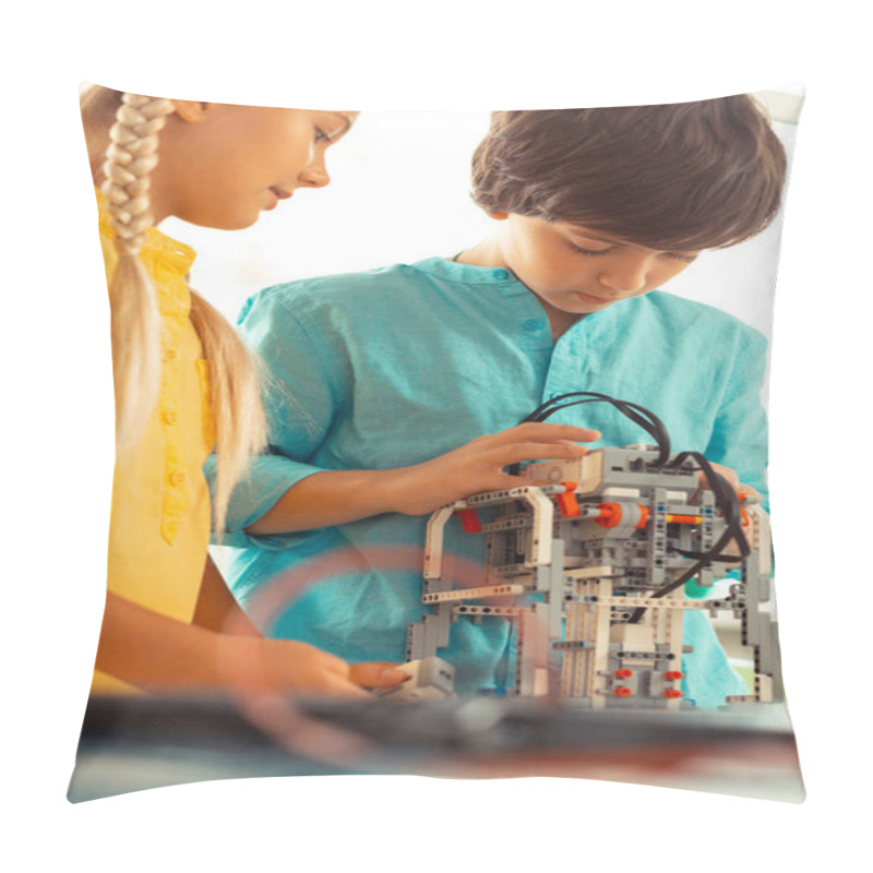 Personality  Two Classmates Working In Pair At Their Science Lesson. Pillow Covers