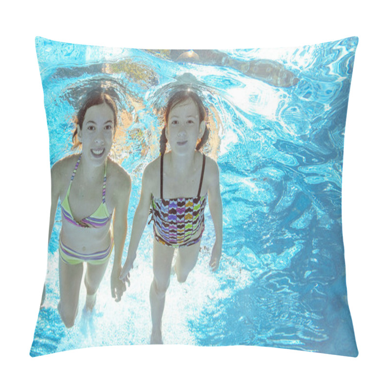 Personality  Children Swim In Pool Underwater, Happy Active Girls Have Fun In Water, Kids Sport On Family Vacation Pillow Covers