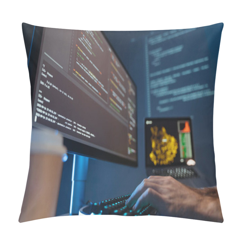 Personality  No Face Picture Of Male Hands Of Software Engineer Sitting At Table In Front Of Big Pc Screen, Typing And Composing App Script, Working In Data Science Company. Selective Focus Pillow Covers