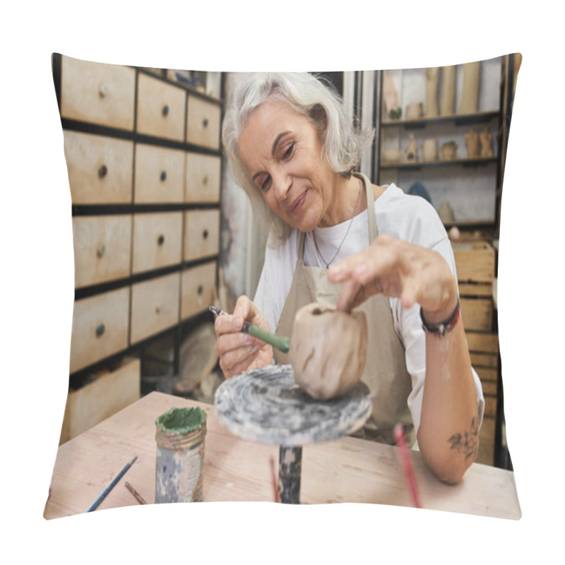 Personality  A Talented Woman Enjoys Crafting A Beautiful Clay Piece In Her Charming Pottery Workspace. Pillow Covers