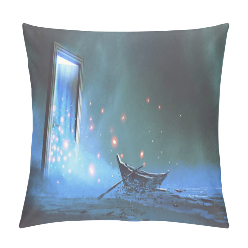 Personality  Fantasy Scenery Of The Abandoned Boat On The Shore Near The Mystery Door, Digital Art Style, Illustration Painting Pillow Covers