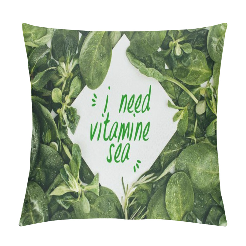 Personality  Top View Of White Card With Words I Need Vitamine Sea And Beautiful Wet Green Leaves   Pillow Covers