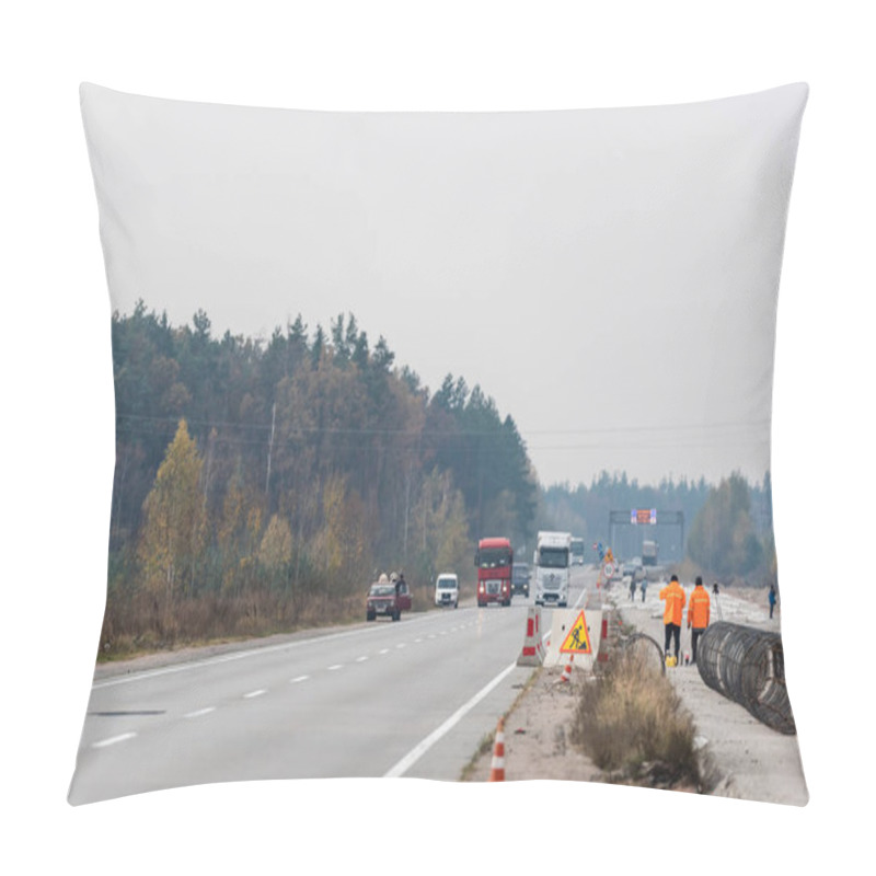 Personality  LVIV, UKRAINE - OCTOBER 23, 2019: Back View Of Workers In Uniform Standing On Road Near Trucks And Cars  Pillow Covers