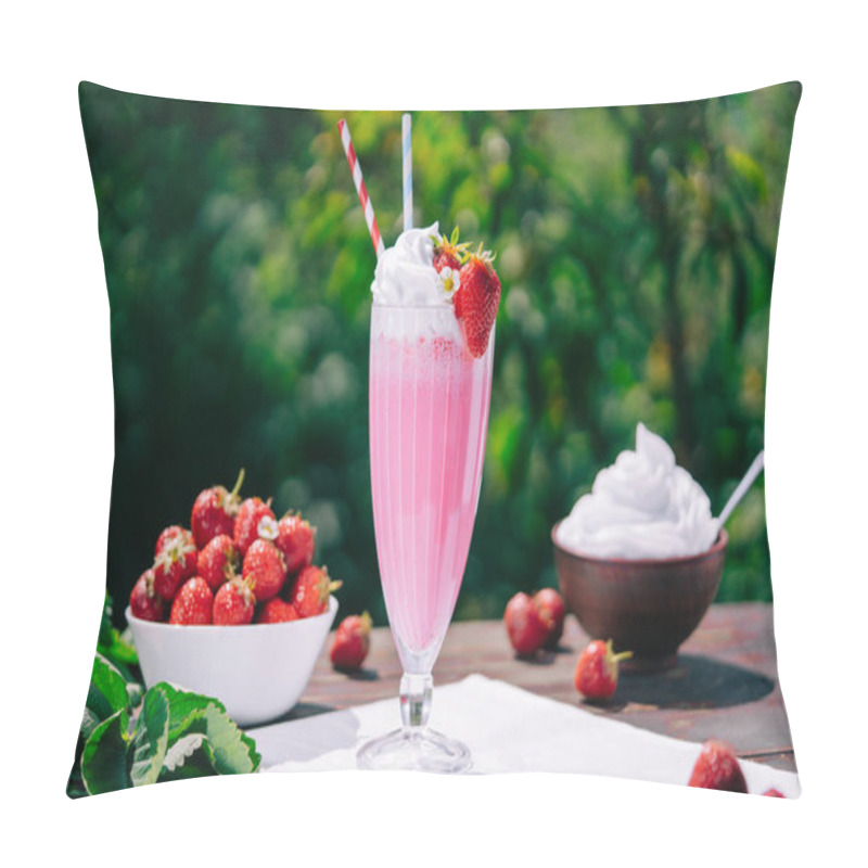 Personality  Still Life - Creamy Strawberry Milkshake Cocktail Or Smoothie With Straw On Nature Backdrop. Appetizing Summer Dessert. Healthy Berry Food. High Quality  Pillow Covers