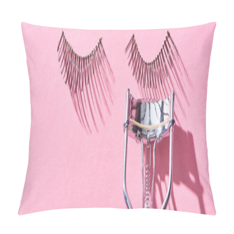 Personality  Panoramic Shot Of False Eyelashes And Eyelash Curler On Pink Background  Pillow Covers