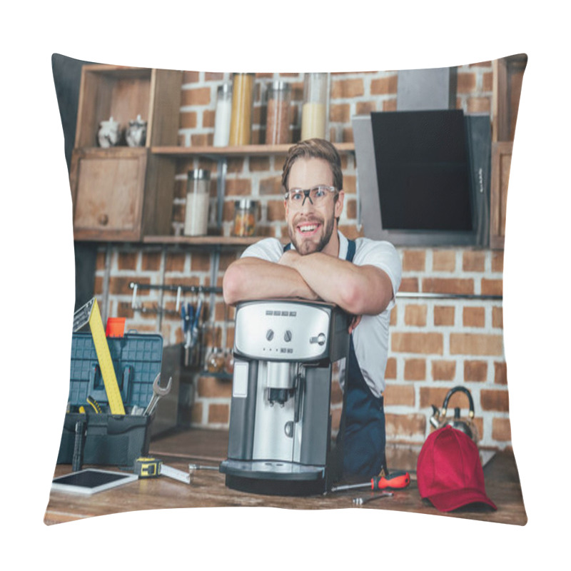 Personality  Handsome Young Repairman Leaning At Coffee Machine And Smiling At Camera Pillow Covers