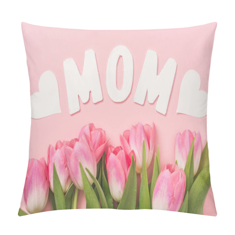 Personality  Pink Tulips, White Paper Word Mom And Paper Hearts On Pink Background Pillow Covers