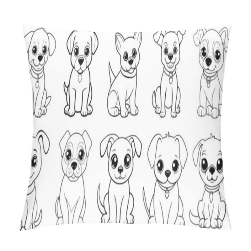 Personality  Bundle Set Of Cute Puppy Flat Line Art Illustration, Cute Baby Dog Outline Cartoon Art On White Background Pillow Covers