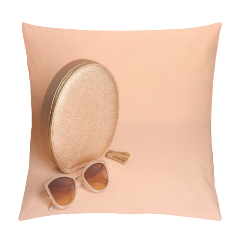 Personality  Stylish Woman's Bag And Sunglasses On Pale Pink Background. Space For Text Pillow Covers