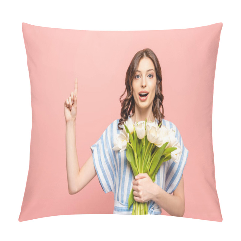 Personality  Surprised Girl Showing Idea Gesture While Holding Bouquet Of White Tulips And Looking At Camera Isolated On Pink Pillow Covers