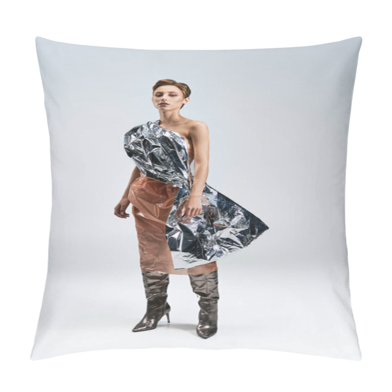 Personality  A Woman Models A Dress Made Of Sustainable Materials, Featuring A Silver Foil Detail. Pillow Covers