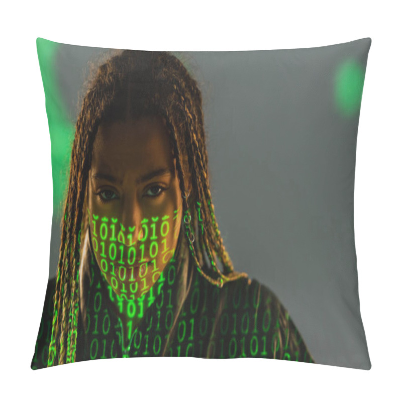 Personality  Portrait Of African American Woman With Projection Of Binary Code Looking At Camera On Grey Background  Pillow Covers