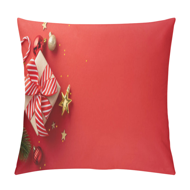 Personality  Christmas Gift Wrapped With A Red Striped Ribbon Surrounded By Candy Cane And Festive Decorations On A Vibrant Red Background Pillow Covers