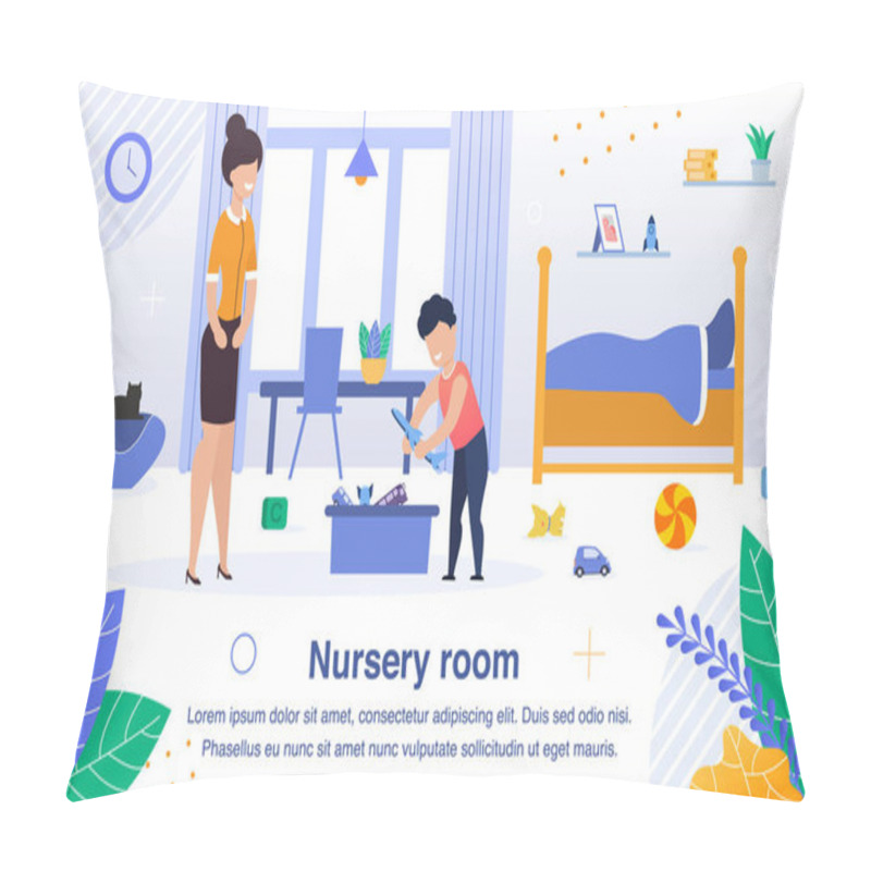 Personality  Nursery Room Cleaning Flat Vector Banner, Poster Pillow Covers