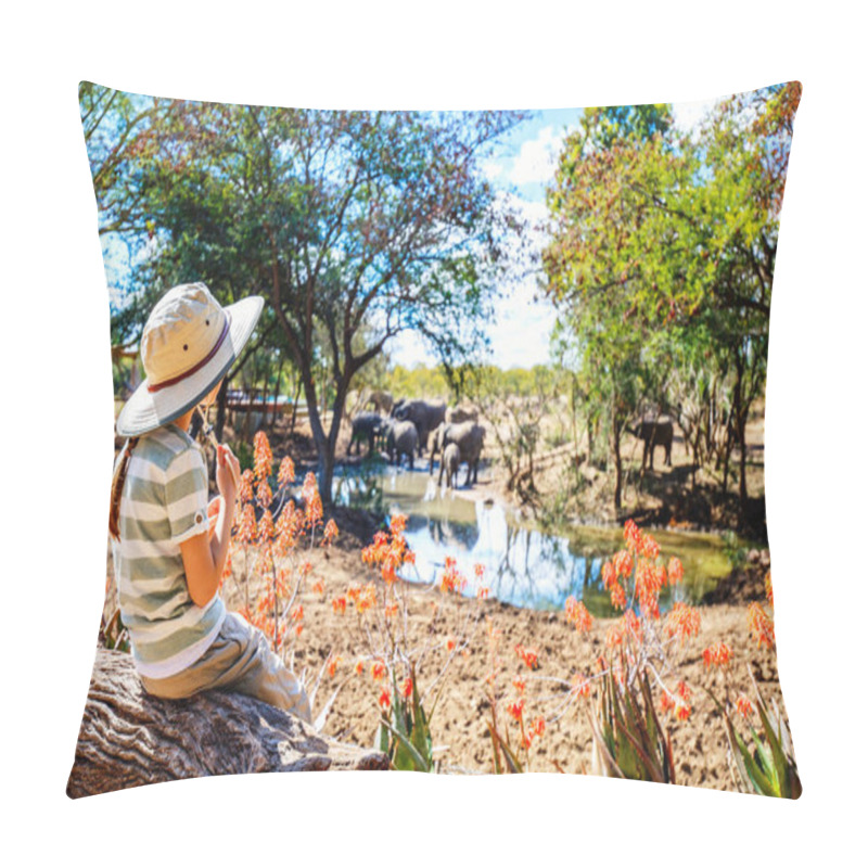 Personality  Little Girl On African Safari Vacation Enjoying Wildlife Viewing At Watering Hole Pillow Covers