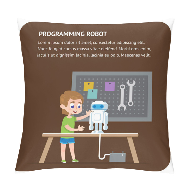 Personality  Robot Programming Flat Banner. Young Engineer Boy Pillow Covers