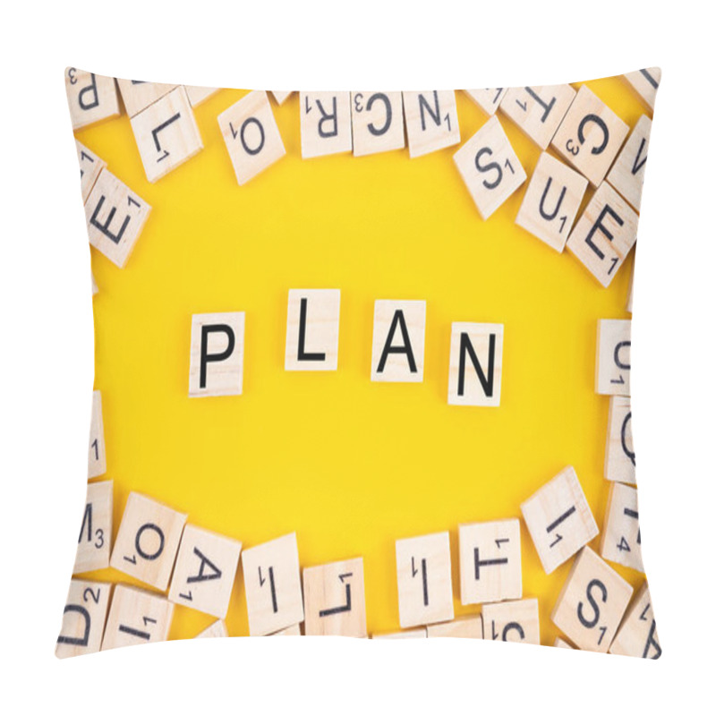 Personality  The PLAN Word On Wooden Cubes. Alphabet Blocks With Heap Of Letters On Yellow Background. Pillow Covers