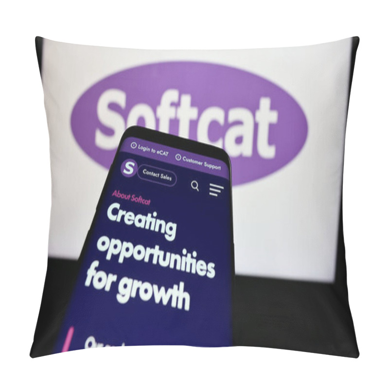 Personality  Stuttgart, Germany - 04-08-2024: Mobile Phone With Website Of British Information Technology Company Softcat Plc In Front Of Business Logo. Focus On Top-left Of Phone Display. Pillow Covers