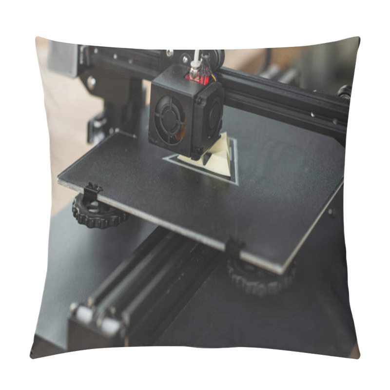 Personality  Close Up View Of 3D Printer Creating Plastic Model In Modern Office Pillow Covers