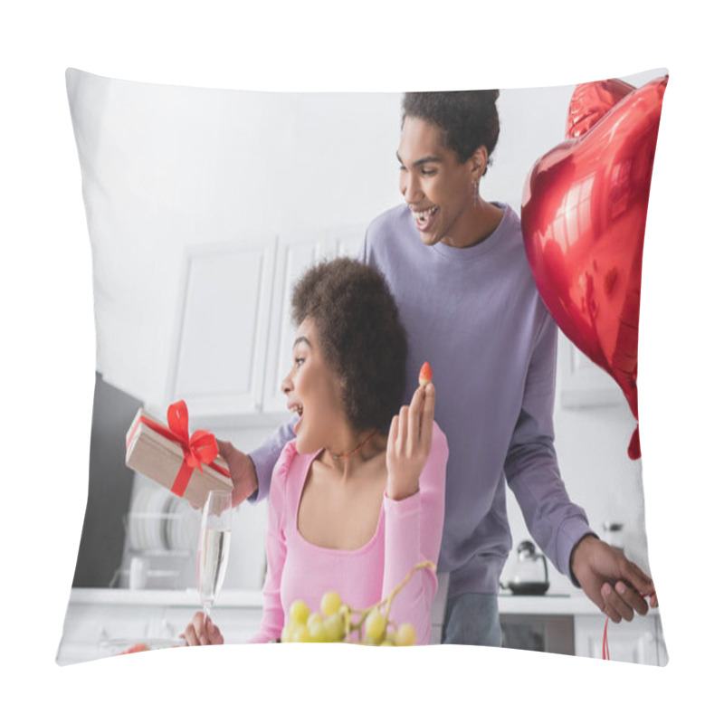 Personality  Happy African American Man Holding Heart-shaped Balloons And Gift Near Girlfriend With Present And Strawberry At Home  Pillow Covers