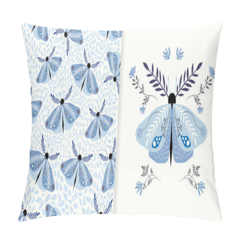 Personality  Bohemian Collection With Blue Moths And Flowers, Seamless Pattern And Greeting Card Pillow Covers