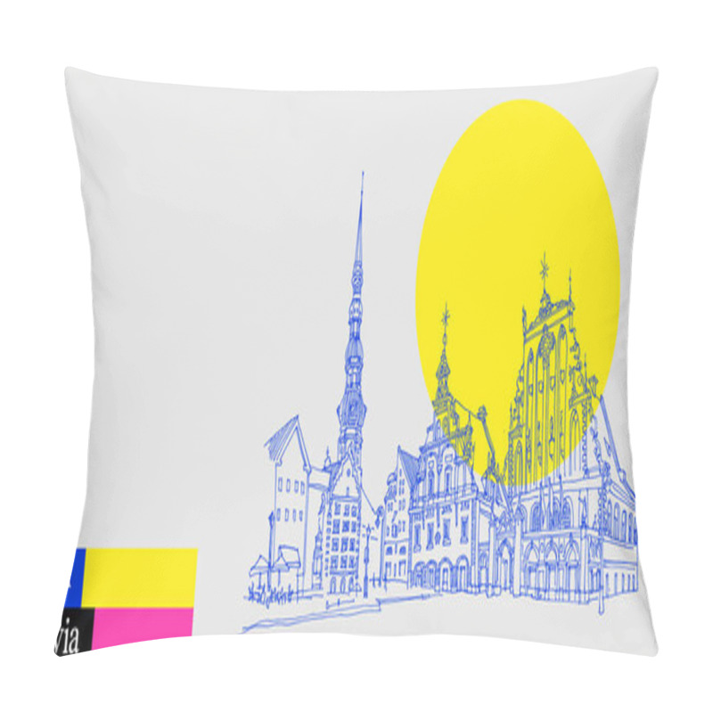 Personality  Riga, Latvia Postcard. House Of The Blackheads, St. Peters Church And Statue Of Roland In Riga Old Town, Latvia, Europe. Travel Sketch In Vibrant Colors. Modern Hand Drawn Touristic Banner Pillow Covers