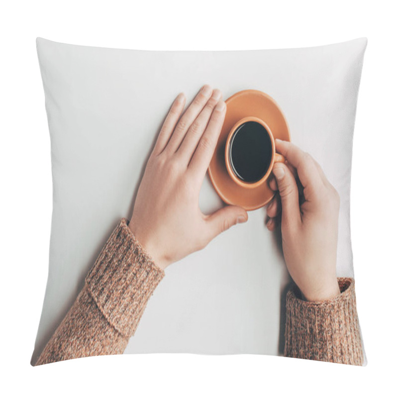 Personality  Top View Of Human Hands And Cup Of Coffee On Grey   Pillow Covers