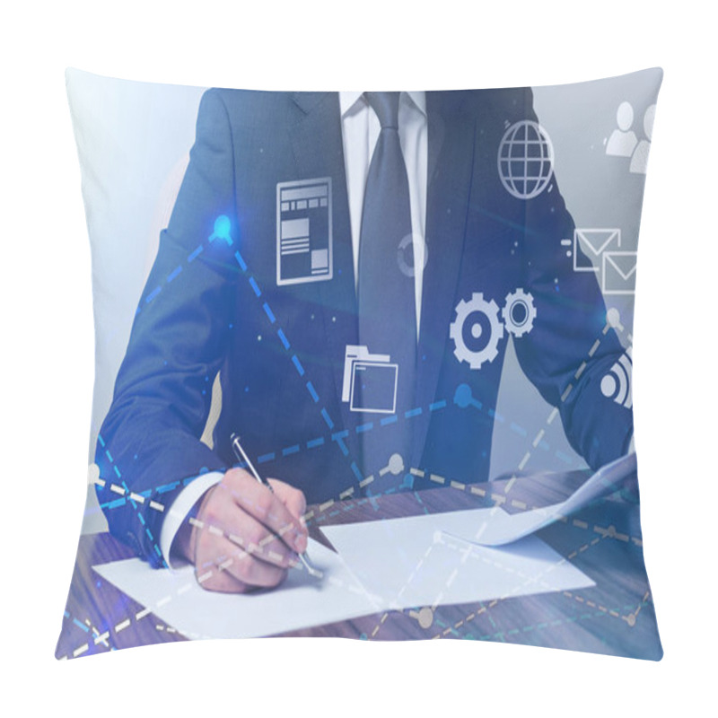 Personality  Unrecognizable Businessman Working With Documents In His Office. Graphs, Diagrams And Global Network Icons In The Foreground. Toned Image Double Exposure Pillow Covers