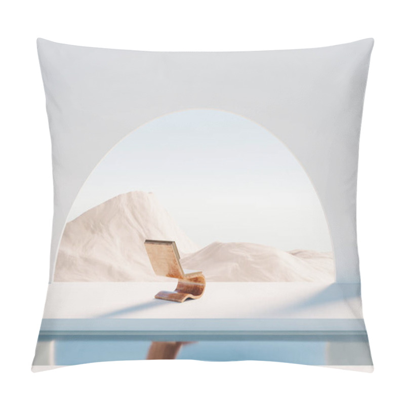 Personality  Surreal Landscape And Interior With Lounge And Water Pool. Arc Round Wall. 3d Render Of Restorative Escapism  Pillow Covers