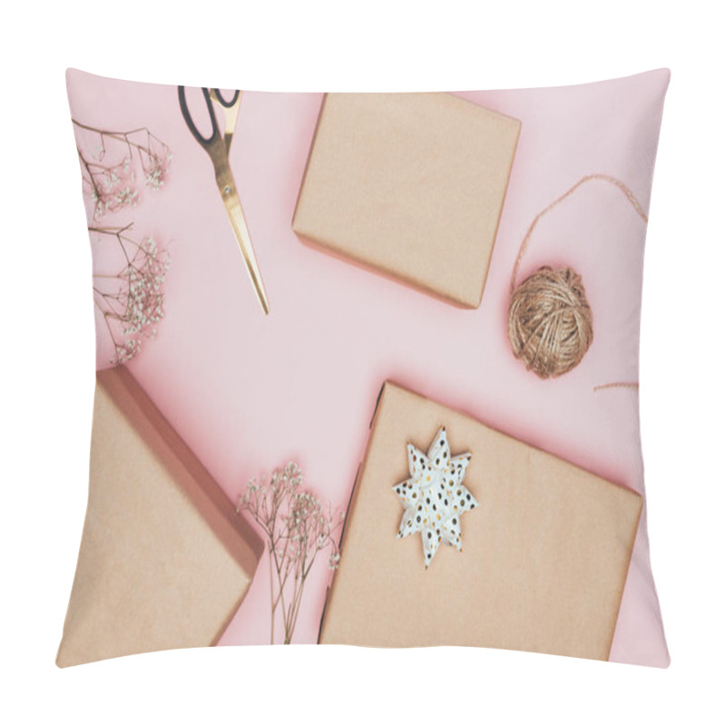 Personality  Top View Of Craft Christmas Gift Boxes With Scissors And Flowers, Isolated On Pink Pillow Covers