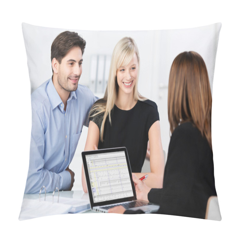 Personality  Couple Smiling While Looking At Financial Advisor At Desk Pillow Covers