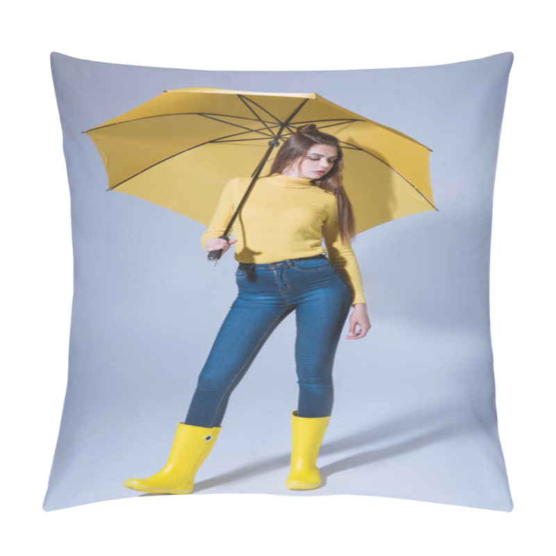 Personality  Girl In Rubber Boots With Umbrella Pillow Covers