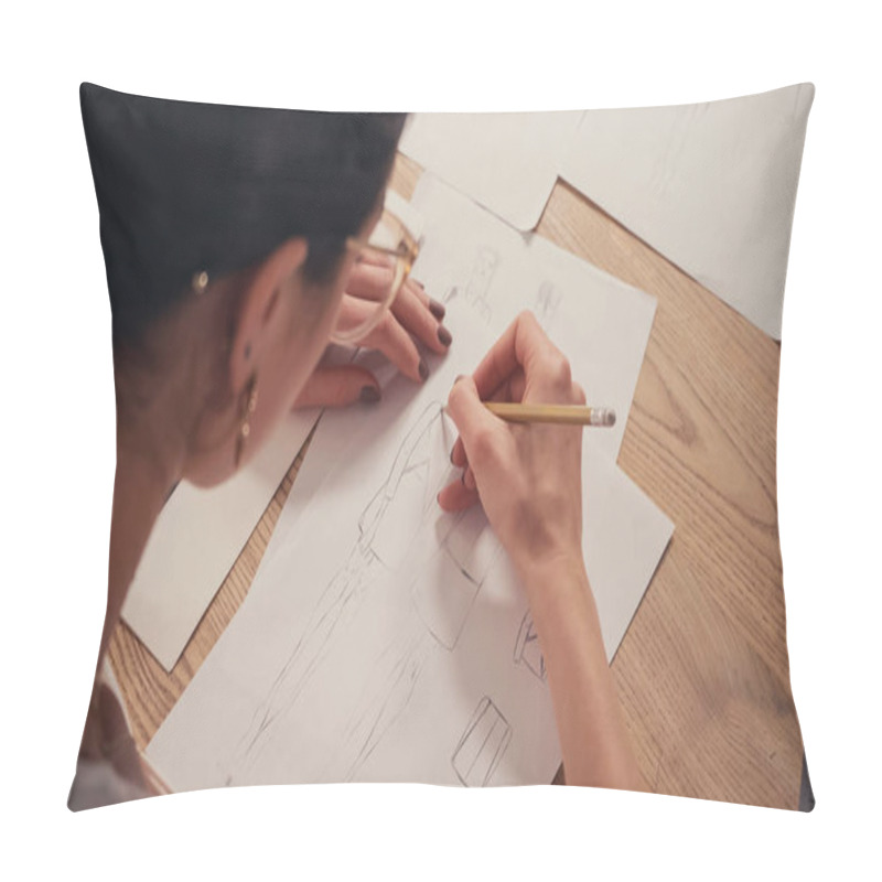 Personality  Top View Of Designer Drawing Sketches In Atelier  Pillow Covers